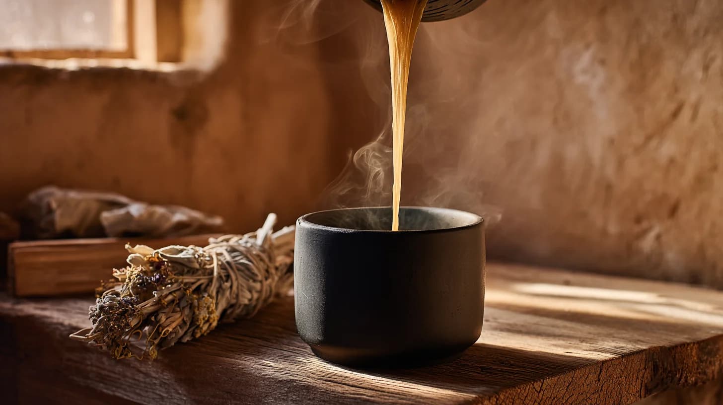 Honey-colored beeswax being poured into a matte black stoneware mold