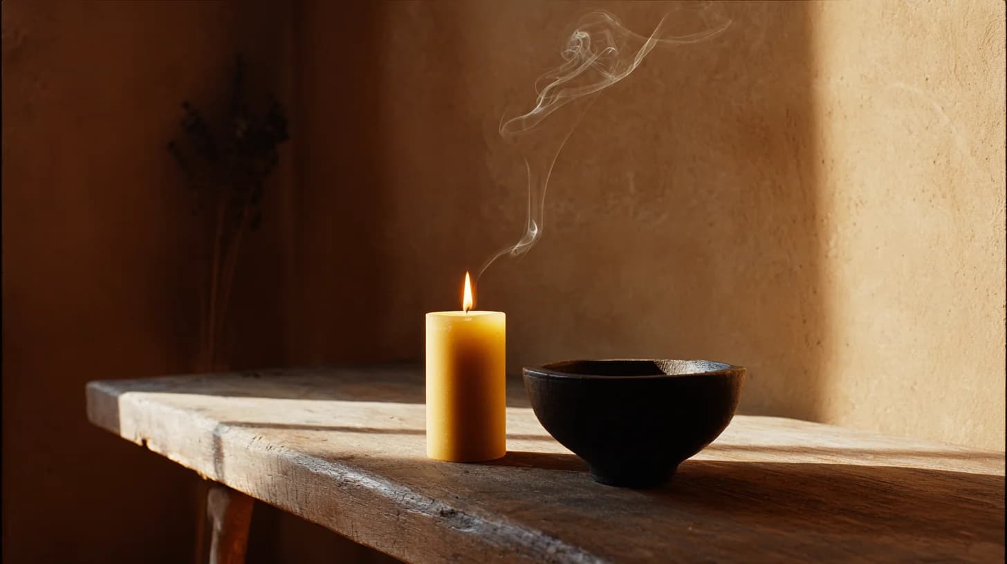 A single lit beeswax candle and a smoldering palo santo bowl on a low table at golden hour