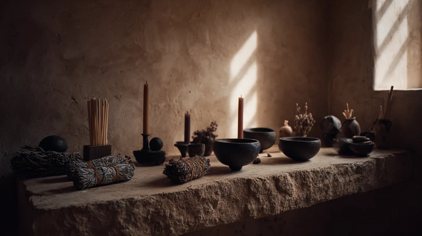 Long stone shelf with candles, sage bundles, palo santo, and stoneware bowls in dramatic window light
