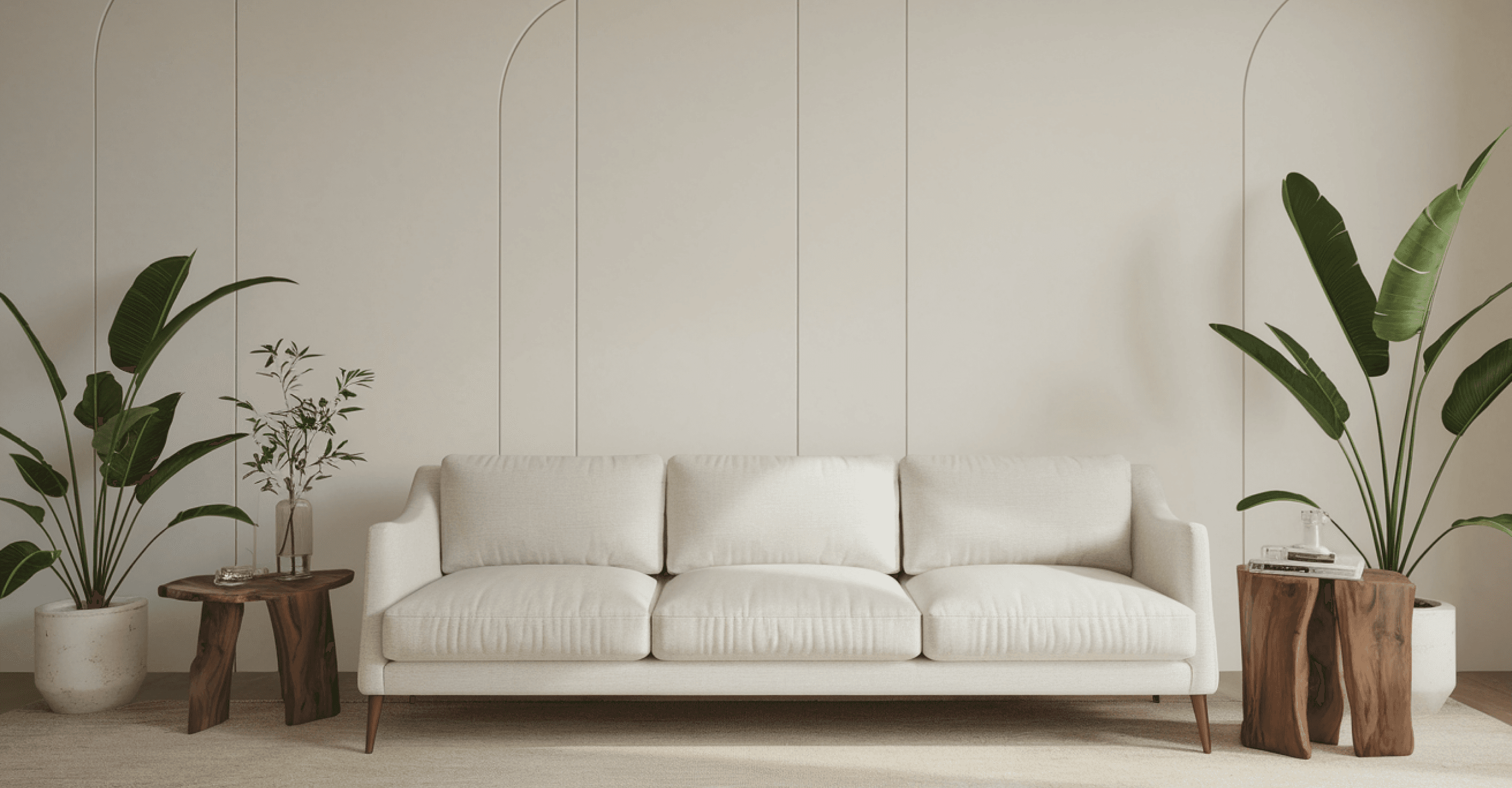 Living room with gray three-seater sofa