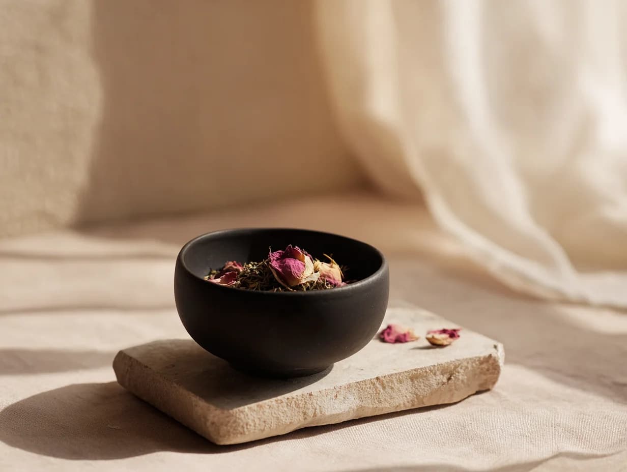 A black stoneware bowl with dried herbs and rose petals on a small stone tile