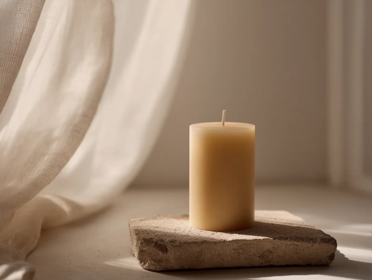 A single hand-poured beeswax pillar candle on a small stone tile