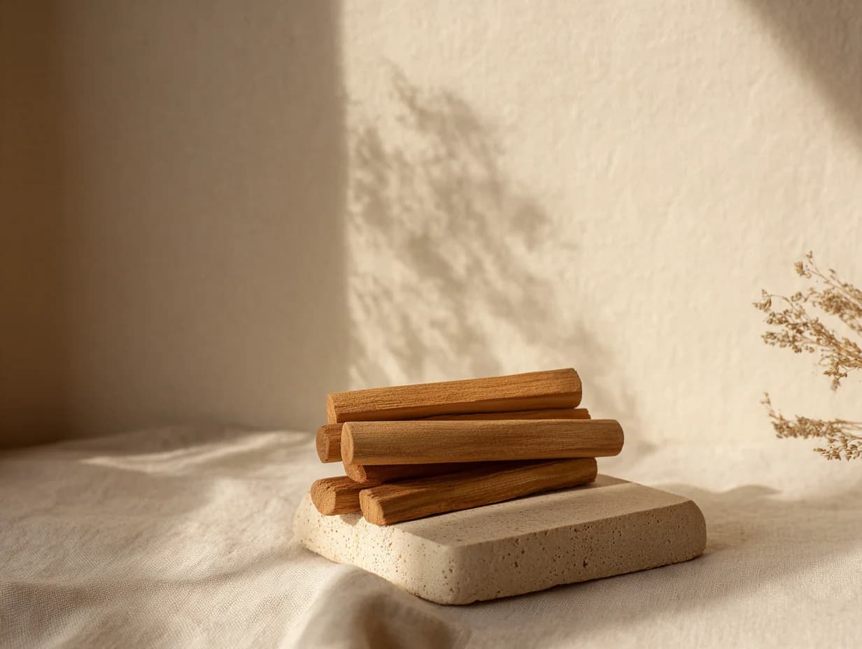 Three palo santo sticks stacked on a small stone tile