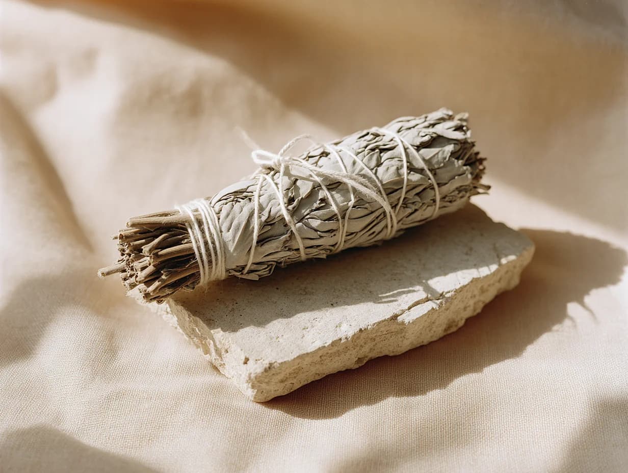 A bundle of dried white sage tied with raw linen string on a small stone tile