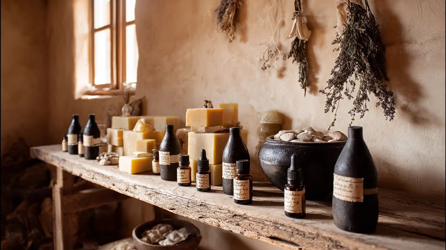 Quiet apothecary workspace with beeswax, sage bundles, palo santo, and amber bottles on a weathered oak bench