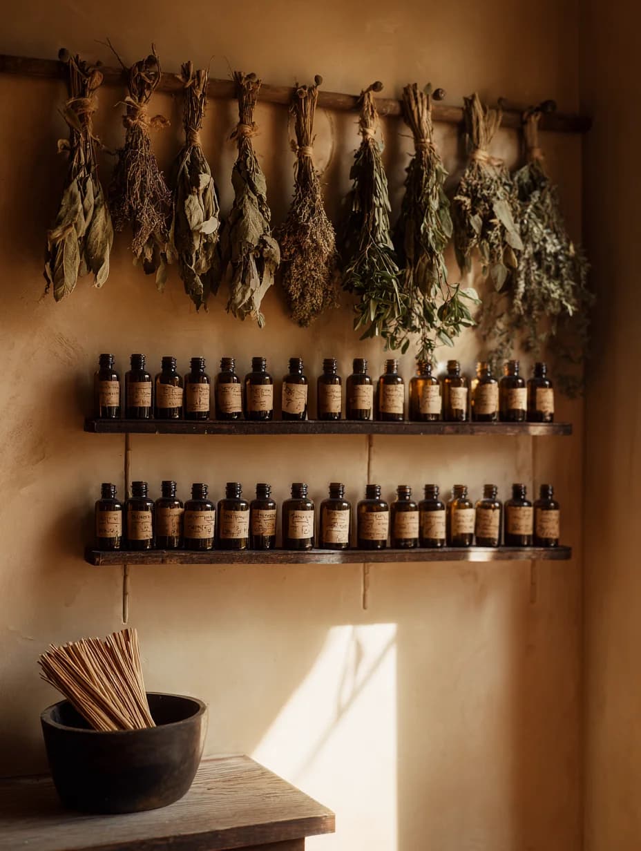 Apothecary shelf with rows of small amber bottles, dried herb bundles hanging from linen string, and palo santo in a black stoneware bowl